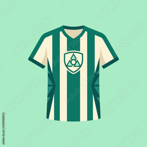 A green and white striped athletic jersey with a crest
