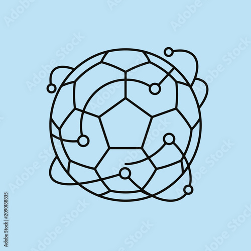 A black line icon of a soccer ball with digital network nodes