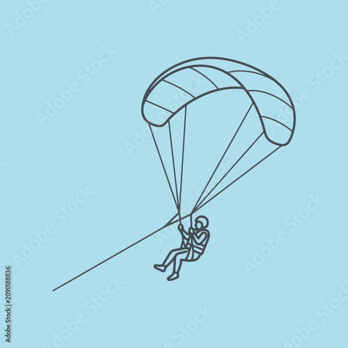 A simple line drawing of a person paragliding in the sky