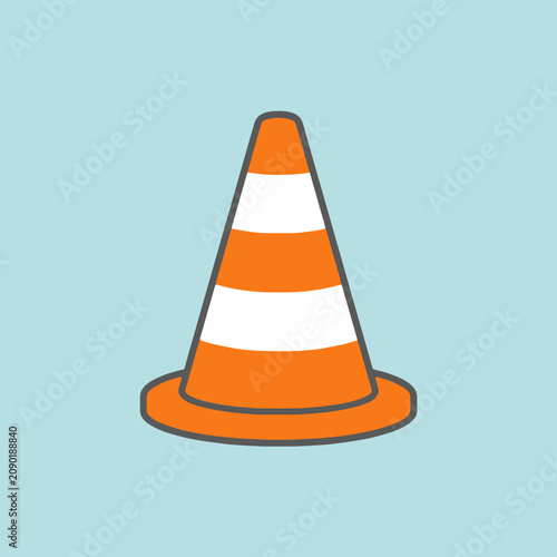 An orange and white traffic cone sits on a blue background