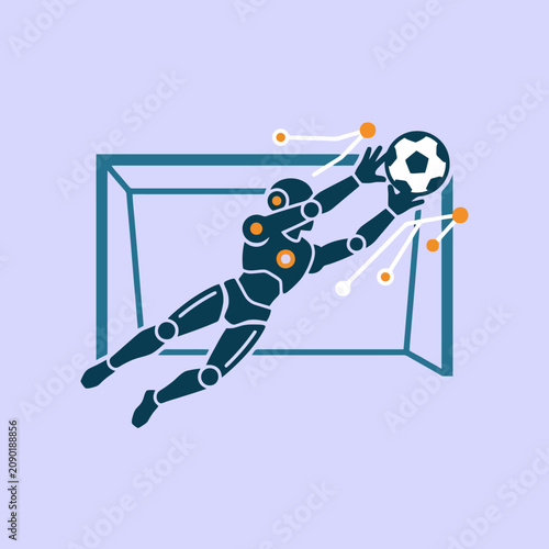 A robotic goalkeeper catches a soccer ball in a digital goal