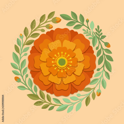 Orange marigold flower with green leaf wreath
