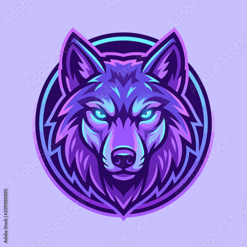 A stylized purple wolf head mascot logo design