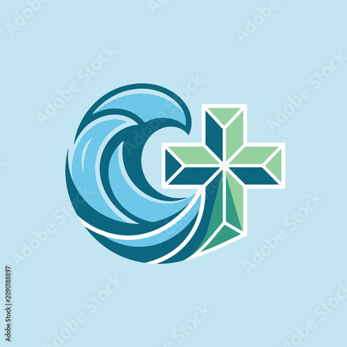 A stylized graphic icon featuring a blue wave and green cross
