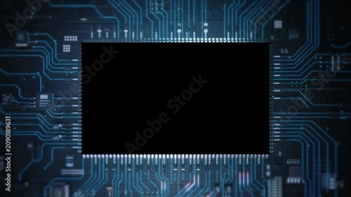 Computer circuit board layout surrounds a central black rectangular space for digital information.