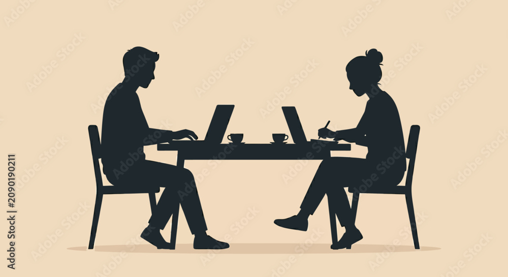 Fototapeta premium Man and woman silhouettes working on laptops facing each other at shared office desk setup.