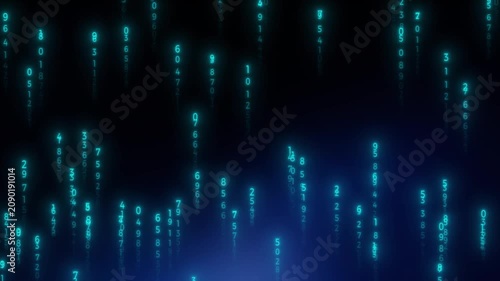 Numbers fall in a vertical pattern against a dark blue gradient background representing digital rain.