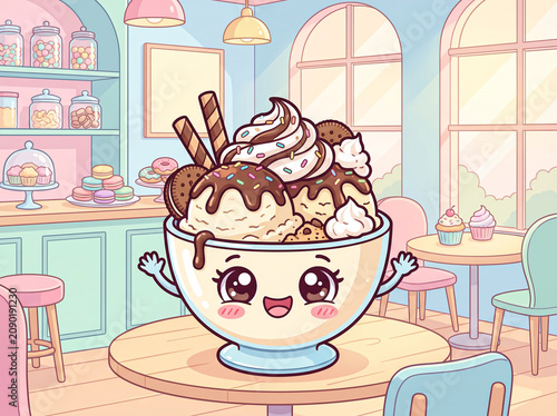 Adorable Smiling Ice Cream Bowl Character in Cozy Kawaii Cafe Illustration