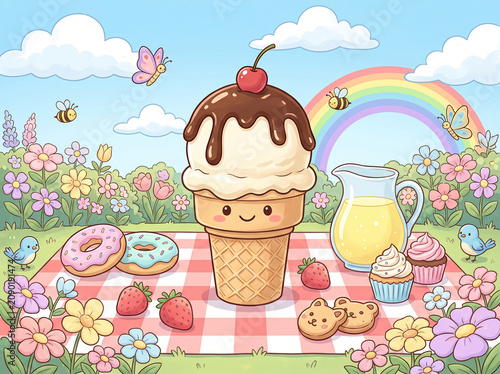 Cute Kawaii Ice Cream Cone Enjoying Picnic in Flower Garden Illustration