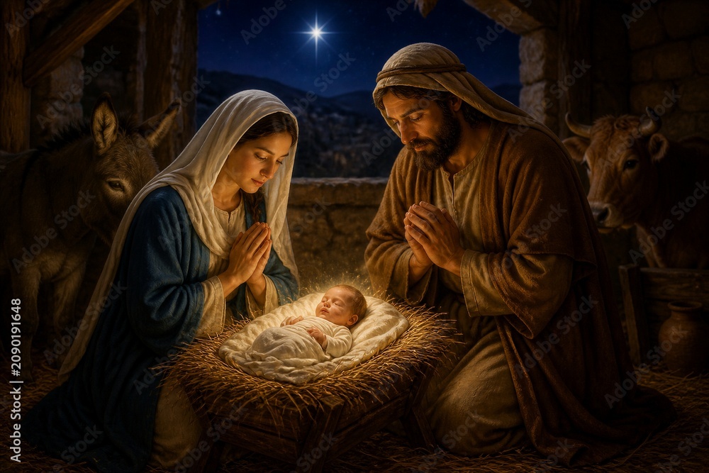 Obraz premium A mother and father kneel in front of their newborn baby in a manger. They are in a stable with animals nearby. A bright star shines in the night sky above them.