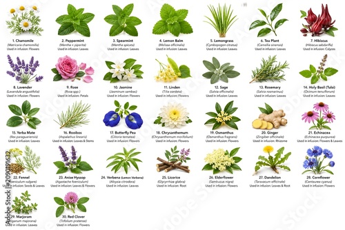 Tea Herbs 30 variety whit name cientific