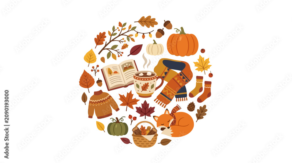Fototapeta premium Cozy autumn seasonal elements, suitable for fallthemed designs pumpkins, books, hot cocoa, leaves, scarf, fox, sweater, socks.