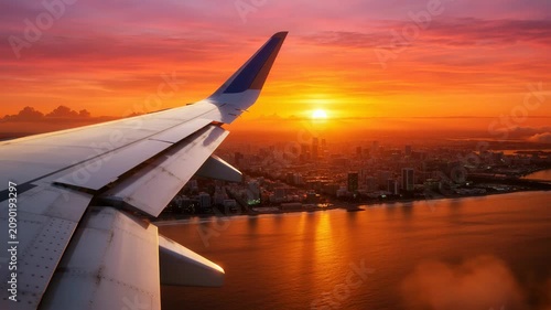 Aerial view from airplane window over Miami city skyline at golden sunset