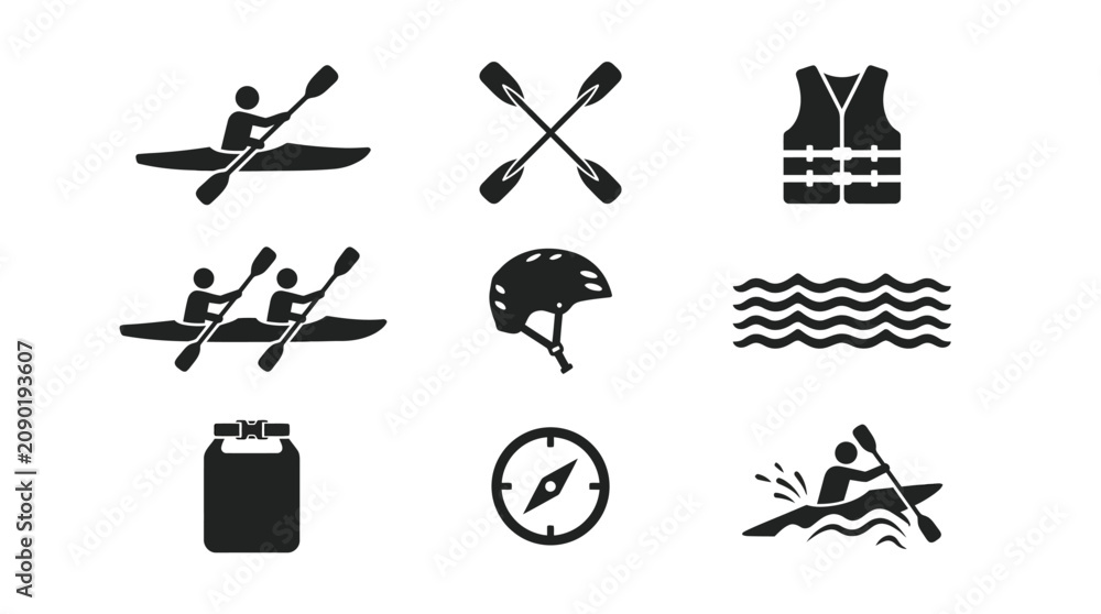 Fototapeta premium Kayaking Sport Water Leisure Activity Icons.