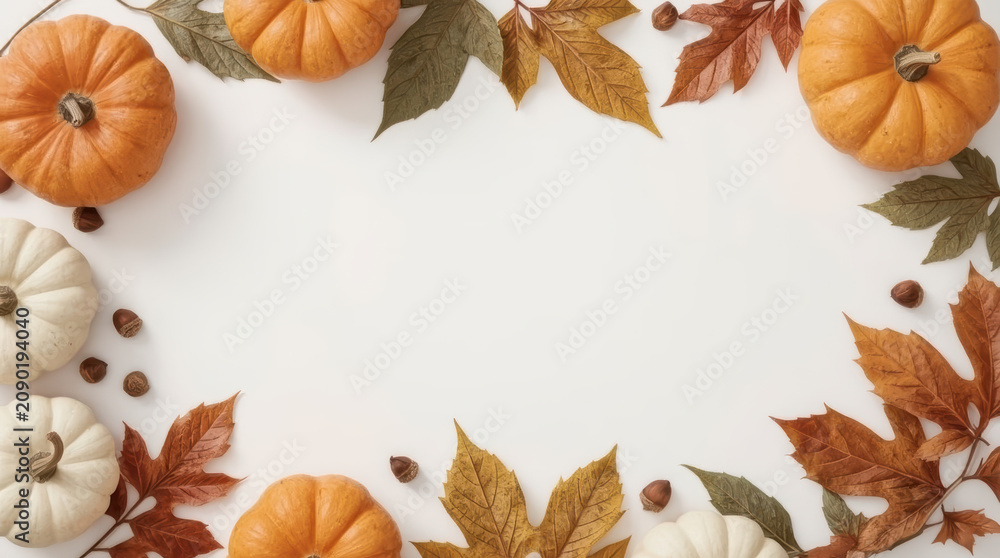 Obraz premium Elegant autumn pumpkin arrangement with fall leaves and nuts creating warm seasonal frame