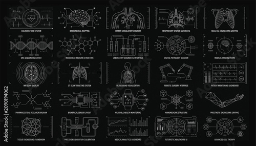 Картината върху платно Set of medical analysis technology interface icons for data visualization with a