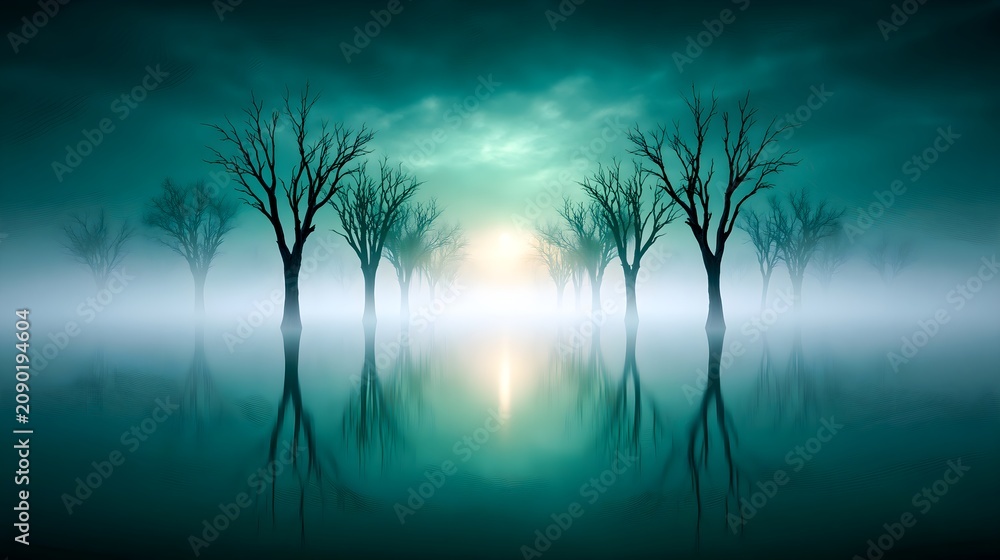 Obraz premium Dead Trees in Dark Foggy Swamp Under Green Moonlight