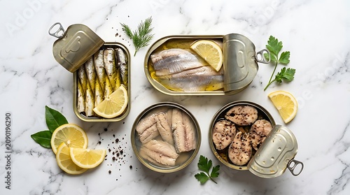 Assorted canned seafood with lemon and herbs on marble background