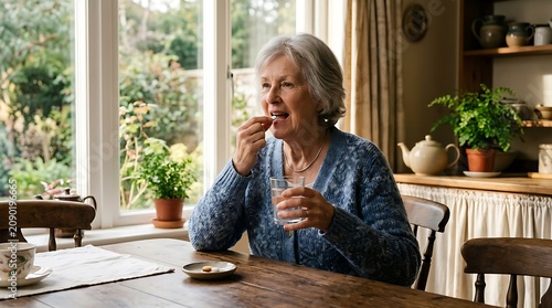 Senior woman taking medication in a bright kitchen
