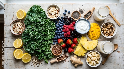 Vibrant assortment of superfoods and fresh ingredients for smoothies