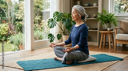 Mature asian woman practicing mindfulness meditation at home