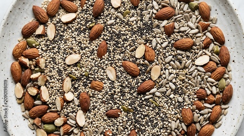 Assortment of raw almonds sunflower seeds and chia on a ceramic plate