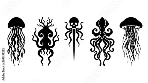 Tribal jellyfish and octopus silhouettes with decorative nautical elements.