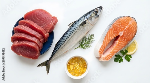 Variety of raw fresh fish and omega 3 capsules on white background