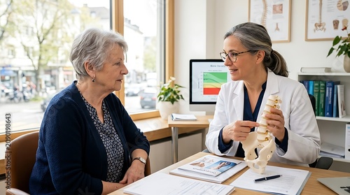 Doctor explaining spinal health to a senior patient in office