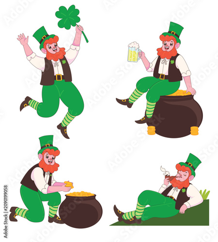Cartoon leprechaun illustrations: jumping with clover, sitting on gold pot with beer, kneeling with coins, and smoking pipe. Saint Patrick's Day themed flat vector set.
