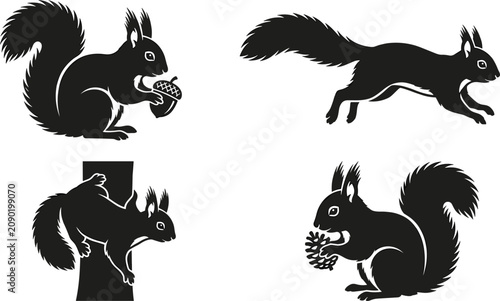 Photography Squirrel Silhouette Vector Set with Wild Animals Running Climbing Tree Trunk Eat