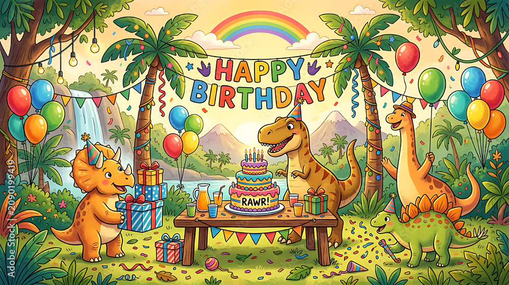 Obraz premium Colorful jungle dinosaur birthday celebration with cheerful animals and festive decorations in a vibrant natural setting