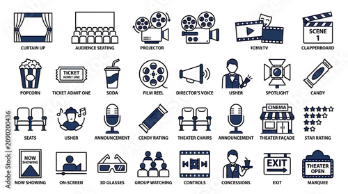 фотографія Cinema Icons Set: Movie Theater, Popcorn, Tickets, Projector, Seats, Film Reel,