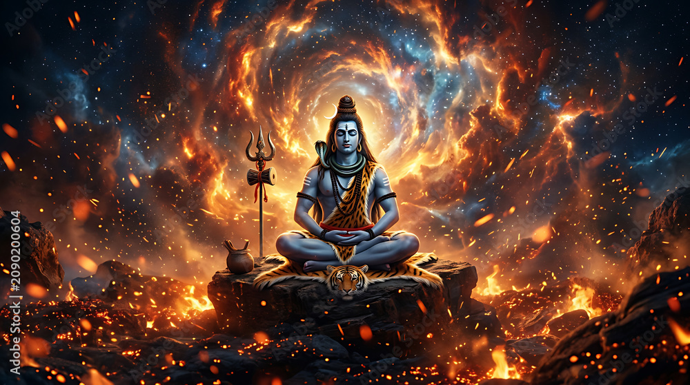 Fototapeta premium Depiction of Lord Shiva in cosmic meditation with fiery galactic background and divine aura illustrating spiritual enlightenment