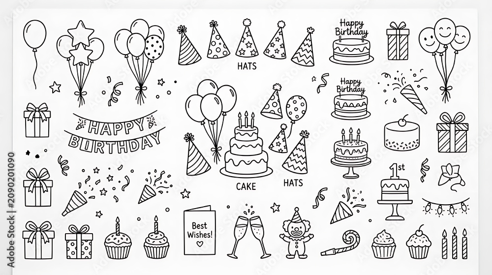 Fototapeta premium Festive Birthday Celebration Illustration Featuring Cakes Hats Balloons and Party Decorations