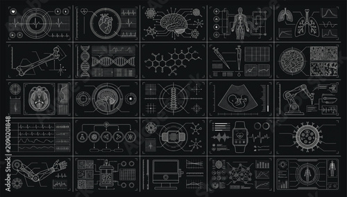 Biotech and medical research interface panel library with research interface technology diagnostic graphics analysis laboratory chemistry molecule scanning structure collection