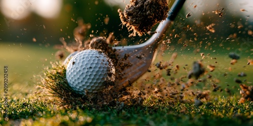 Dynamic close-up of a golf club hitting a white ball, sending dirt and grass flying in golden sunlight.