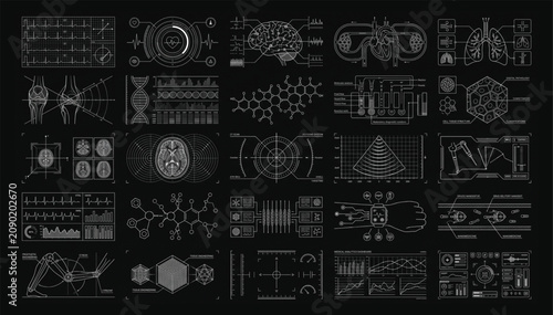 Quadro su tela Medical science digital data interface elements collection with interface techno