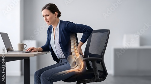 Businesswoman Sitting with Sciatica Pain and Lumbar Spine Anatomy Overlay
