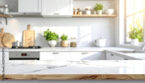 A pristine canvas for your creations: a clean white marble countertop with abundant copy space, positioned before a beautifully blurred modern kitchen interior background.