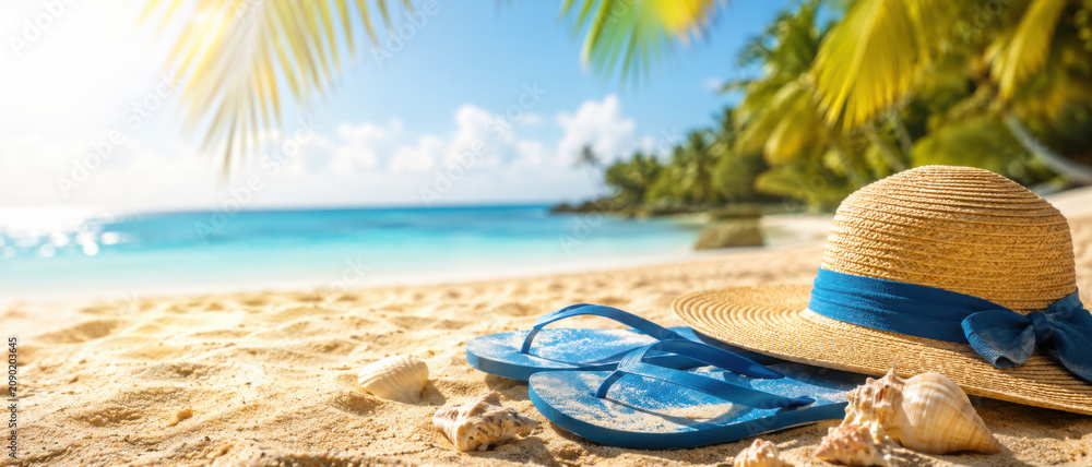 Obraz premium Sunny tropical beach with turquoise water, summer holidays vacation background, seashells in sand, palm tree on the beach