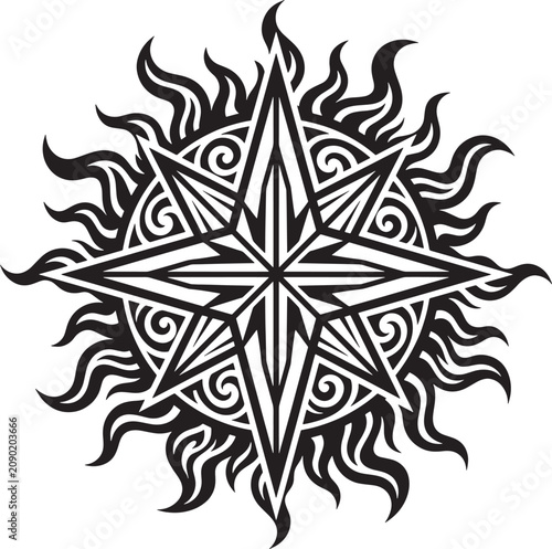 Black and white of a stylized sun compass with sharp star points and tribal swirl patterns on a white background