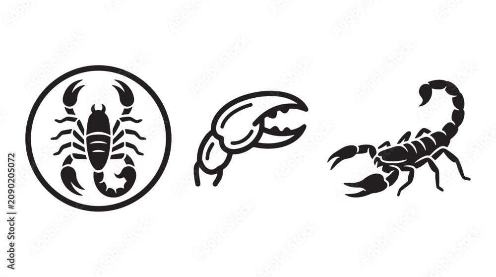 Fototapeta premium Scorpion and Scorpio Zodiac Symbols Set with Pincer Claw Icon Silhouette Vector Illustration