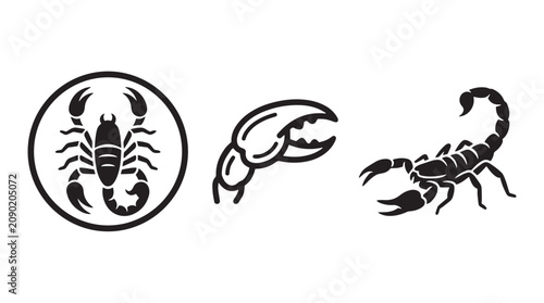 Foto Scorpion and Scorpio Zodiac Symbols Set with Pincer Claw Icon Silhouette Vector