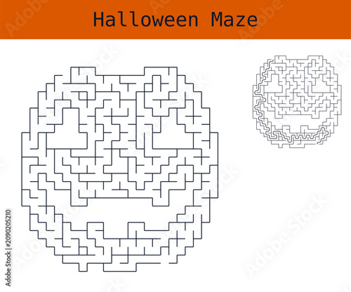 Halloween maze design featuring a spooky pumpkin face outline  