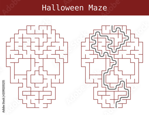 Halloween maze design with skull shape and path illustration  