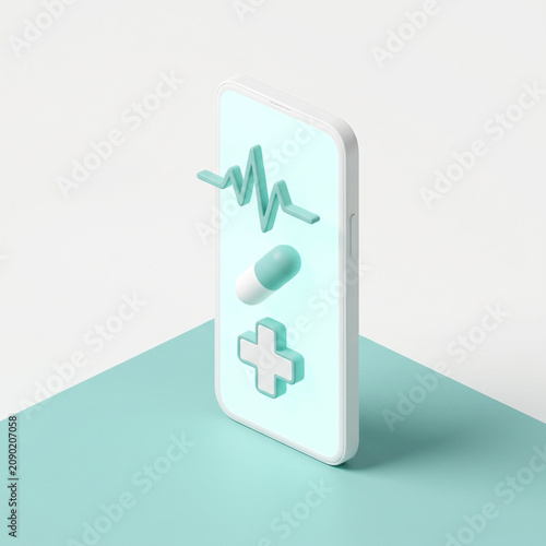 Smartphone health app with medical icons: ECG, capsule, cross