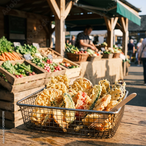 Freshly Fried Vegetable Tempura in Basket at Outdoor Farmers Market Stall