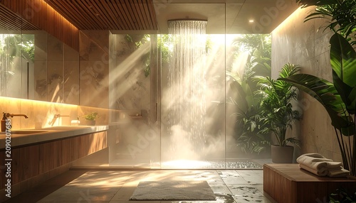Luxury modern wellness bathroom featuring a glass steam shower enclosure with soft fog, dramatic morning sunbeams, and a wooden vanity overlooking a lush tropical garden.
