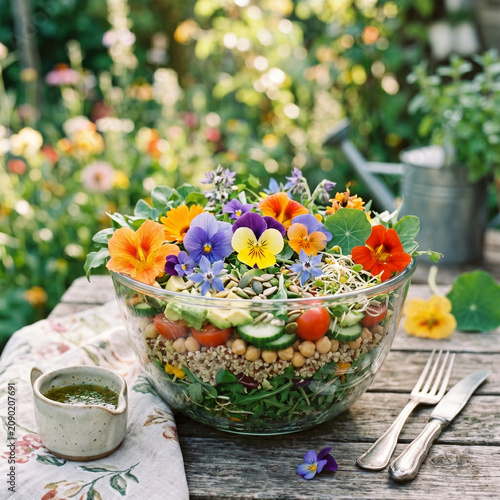 Vibrant Edible Flower Salad in Glass Bowl, Healthy Garden Food, Outdoor Dining